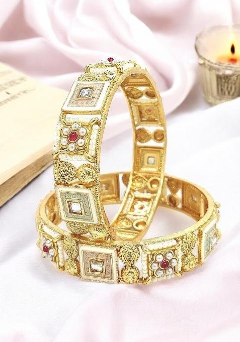 Set Of 2 Gold Plated Meenakari Statement Kada Bangles