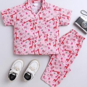 Pink Printed Cotton Shirt Pant Set For Boys