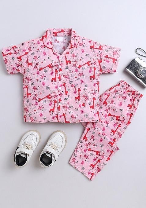 Pink Printed Cotton Shirt Pant Set For Boys