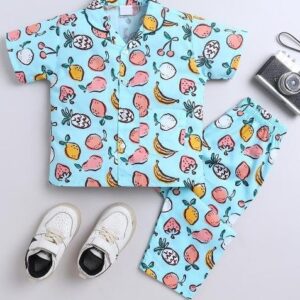 Blue Printed Cotton Shirt Pant Set For Boys