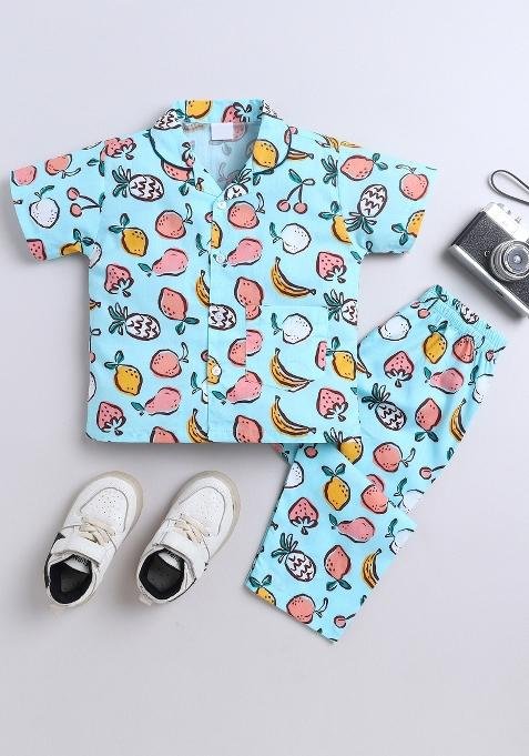 Blue Printed Cotton Shirt Pant Set For Boys