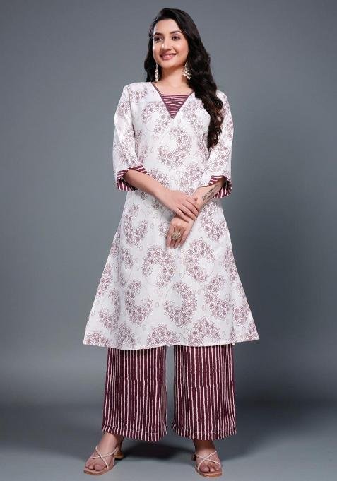 Maroon Printed Cotton Kurta Set