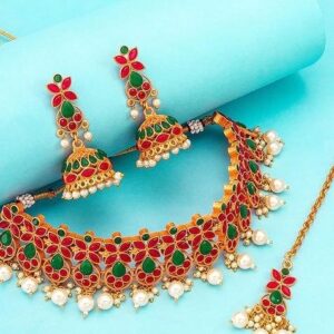 Gold Plated Red And Green Stone Studded And White Beaded Temple Jewellery Set