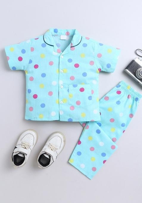 Green Printed Cotton Shirt Pant Set For Boys