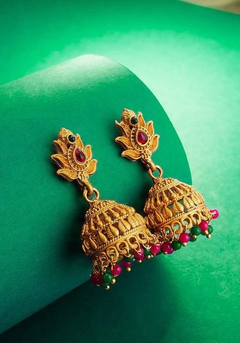 Gold Plated Stone Studded And Beaded Dome Shaped Jhumkas