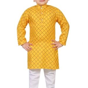 Yellow Printed Cotton Blend Kurta Set For Boys