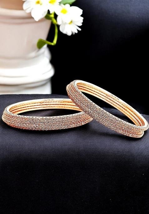 Set Of 8 Rose Gold Plated Cubic Zirconia Studded Bnagle Set