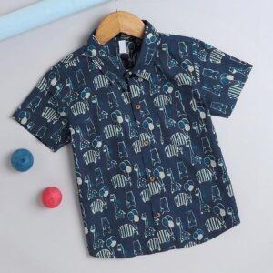 Blue Printed Cotton Shirt For Boys