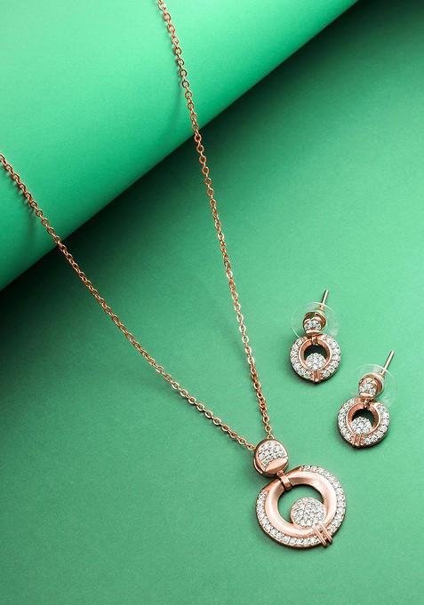 Rose Gold Plated Stone Studded Jewellery Set