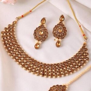Gold Plated Choker Necklace With Earrings And Managtikka Set