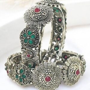 Set Of 2 Silver Oxidised Stone Studded Cuff Bracelet Bangles