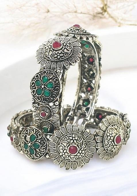 Set Of 2 Silver Oxidised Stone Studded Cuff Bracelet Bangles