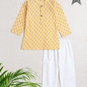 Yellow Embellished Cotton Kurta Set For Boys