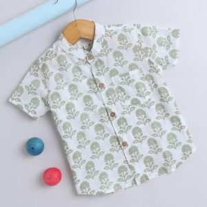 Green Printed Cotton Shirt For Boys