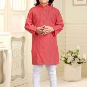 Peach Embroidered Cotton Kurta With Pyjama For Boys