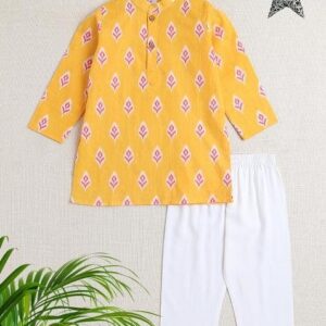 Yellow Printed Cotton Kurta Set For Boys