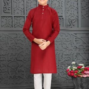 Red Cotton Blend Kurta Set For Boys