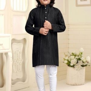 Black Embroidered Cotton Kurta With Pyjama For Boys