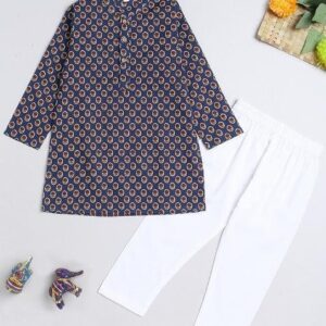 Blue Printed Cotton Kurta Set For Boys