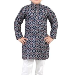 Blue Printed Cotton Kurta Set For Boys