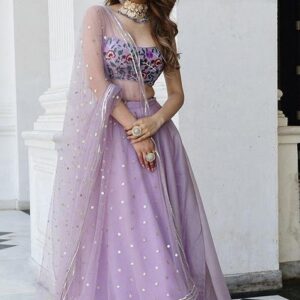 Lavender Printed Organza Lehenga Set