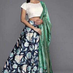 Teal Printed Satin Silk Lehenga Set