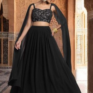 Black Lehenga Set With Swarovski Hand Embroidered Cape Sleeve Blouse