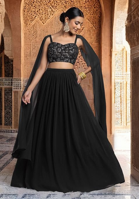 Black Lehenga Set With Swarovski Hand Embroidered Cape Sleeve Blouse
