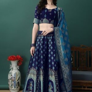 Navy Blue Embroidered Soft Silk Jacquard Lehenga Set
