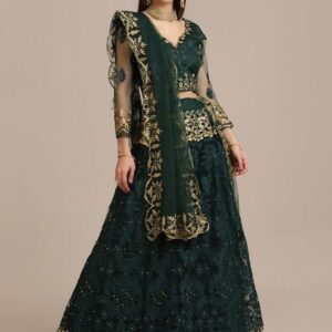 Green Diamond Embroidered Heavy Net Lehenga Set