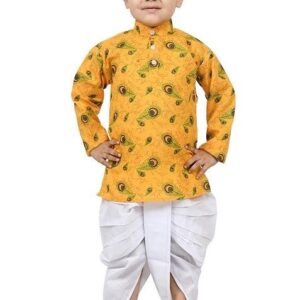 Yellow Printed Cotton Blend Kurta Set For Boys