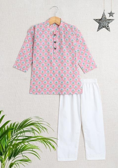 Pink Embellished Cotton Kurta Set For Boys