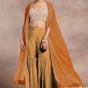 Orange Sharara Set With Pearl Sequin Hand Embroidered Blouse And Mesh Jacket