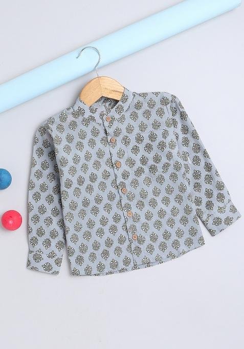 Grey Printed Cotton Kurta Pant Set