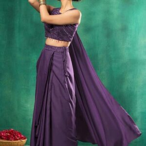 Lavender Satin Pre-Stitched Saree Set With Abstract Sequin Embellished Blouse
