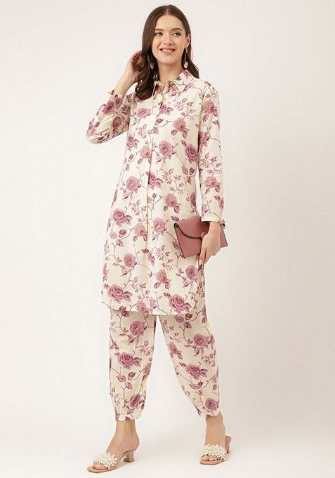 Purple Floral Print Cotton Co-Ords Set