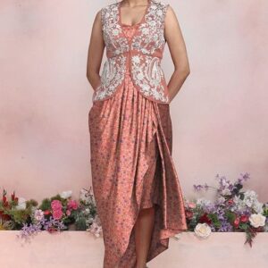 Pink Sequin Hand Embroidered Jacket Set With Satin Blouse And Skirt