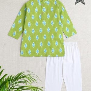 Green Printed Cotton Kurta Set For Boys