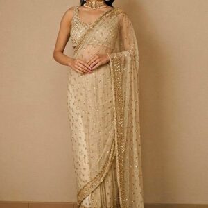 Golden Embellished Soft Net Saree Set