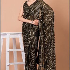 Black And Golden Sequin Embellished Georgette Saree Set