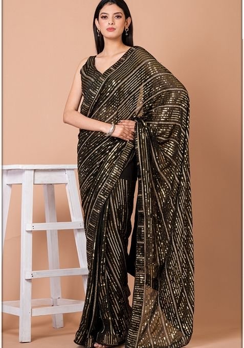 Black And Golden Sequin Embellished Georgette Saree Set