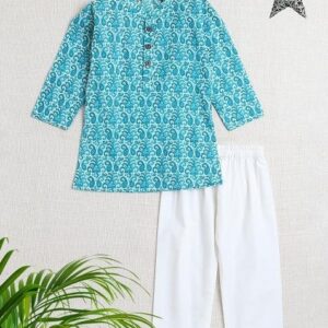 Blue Embellished Cotton Kurta Set For Boys