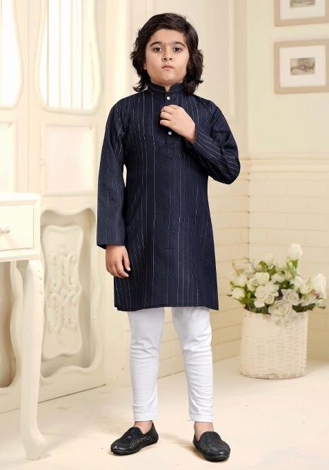 Navy Blue Embroidered Cotton Kurta With Pyjama For Boys