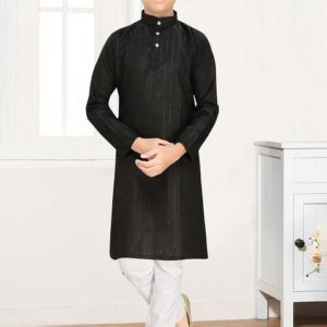 Black Cotton Blend Kurta Set For Boys