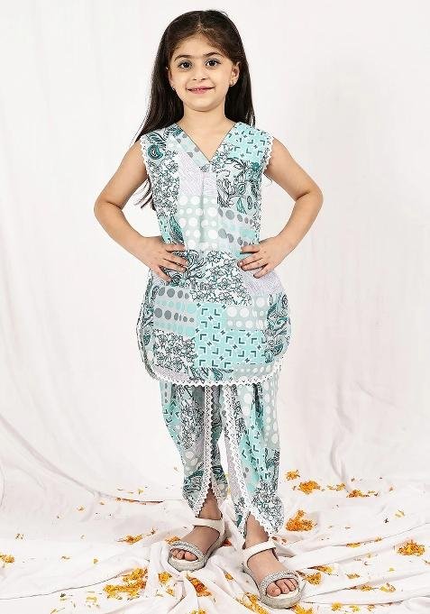 Turquoise Floral Cotton Blend Kurta Set For Girls