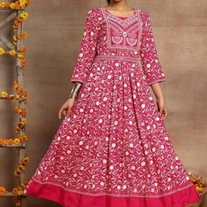 Pink Floral Print Embroidered Anarkali Kurta With Belt (Set of 2)