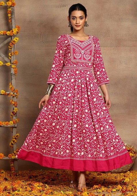 Pink Floral Print Embroidered Anarkali Kurta With Belt (Set of 2)