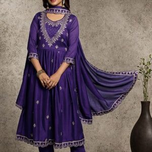 Purple Zari Sequin Embroidered Vichitra Kurta Set