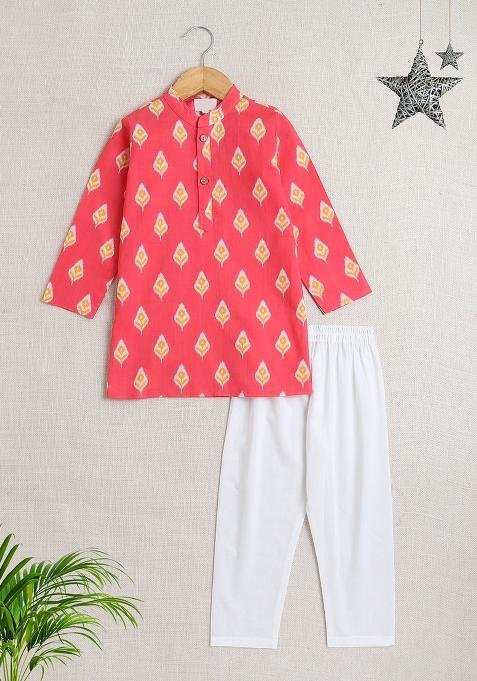 Pink Printed Cotton Kurta Set For Boys