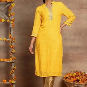 Yellow Sequin And Thread Embroidered Cotton Straight Kurta